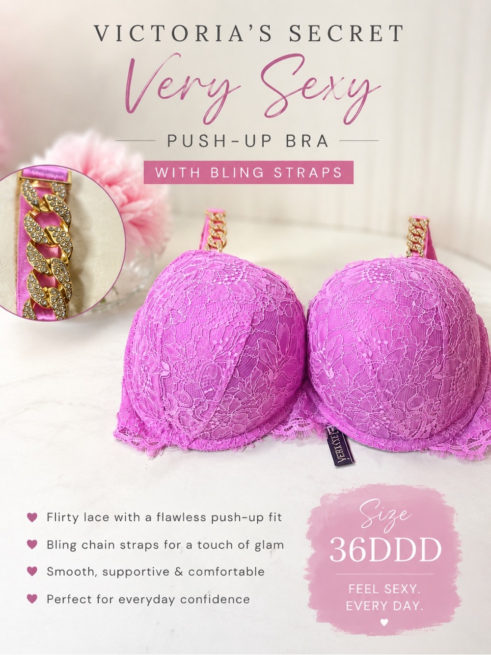 EUC Victoria's Secret Very Sexy Pink Lace Push-Up Bra Gold Chain Straps | 36DDD